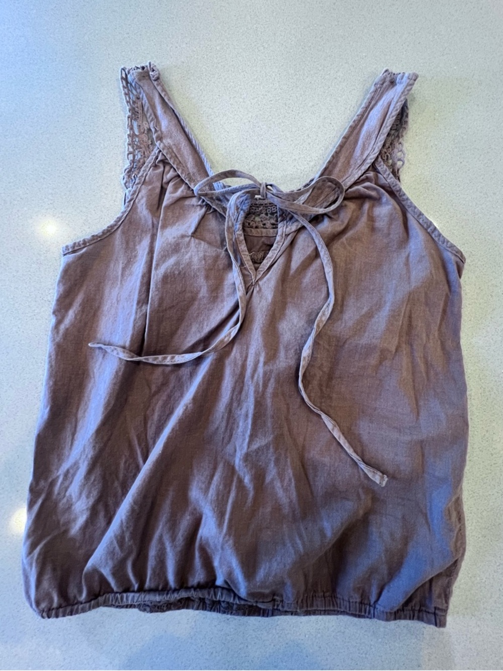 Vintage 579 Brown Crochet Yoke Tank Camisole Tie Back Elastic Waist PTP 15” XS/S - Picture 9 of 10